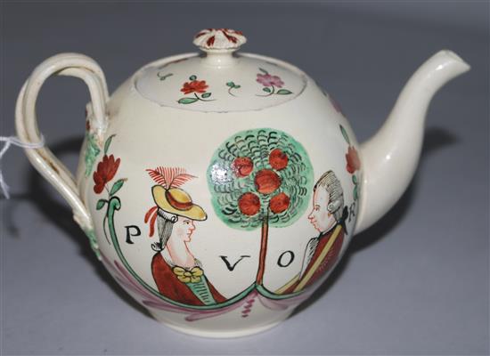 An 18th Century creamware teapot, commemorative of Duke of Orange & Princess Wilhelmina marriage